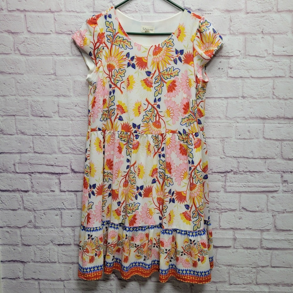52seven Colorful Floral Tiered Mini Dress Sz M Ruffled Cottagecore Boho Festival